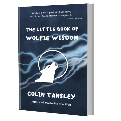 A book of wisdom depicting a white wolf